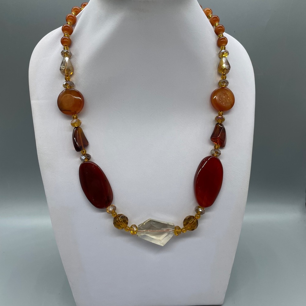 Earth Tone Beaded Statement Necklace Carnelian Agate Amber Glass 20-23 Inchβ